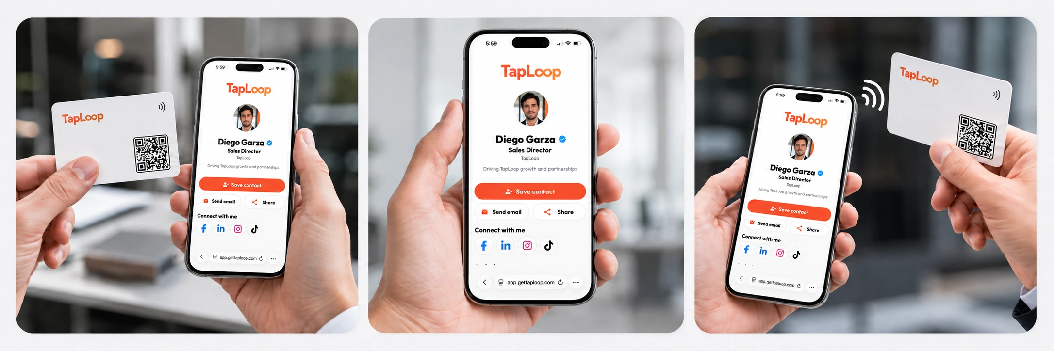 A TapLoop card with different ways to connect and share a digital profile