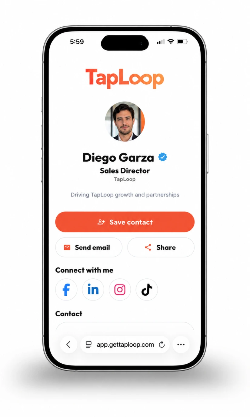 TapLoop NFC card with NFC chip, QR code, and digital profile on a phone