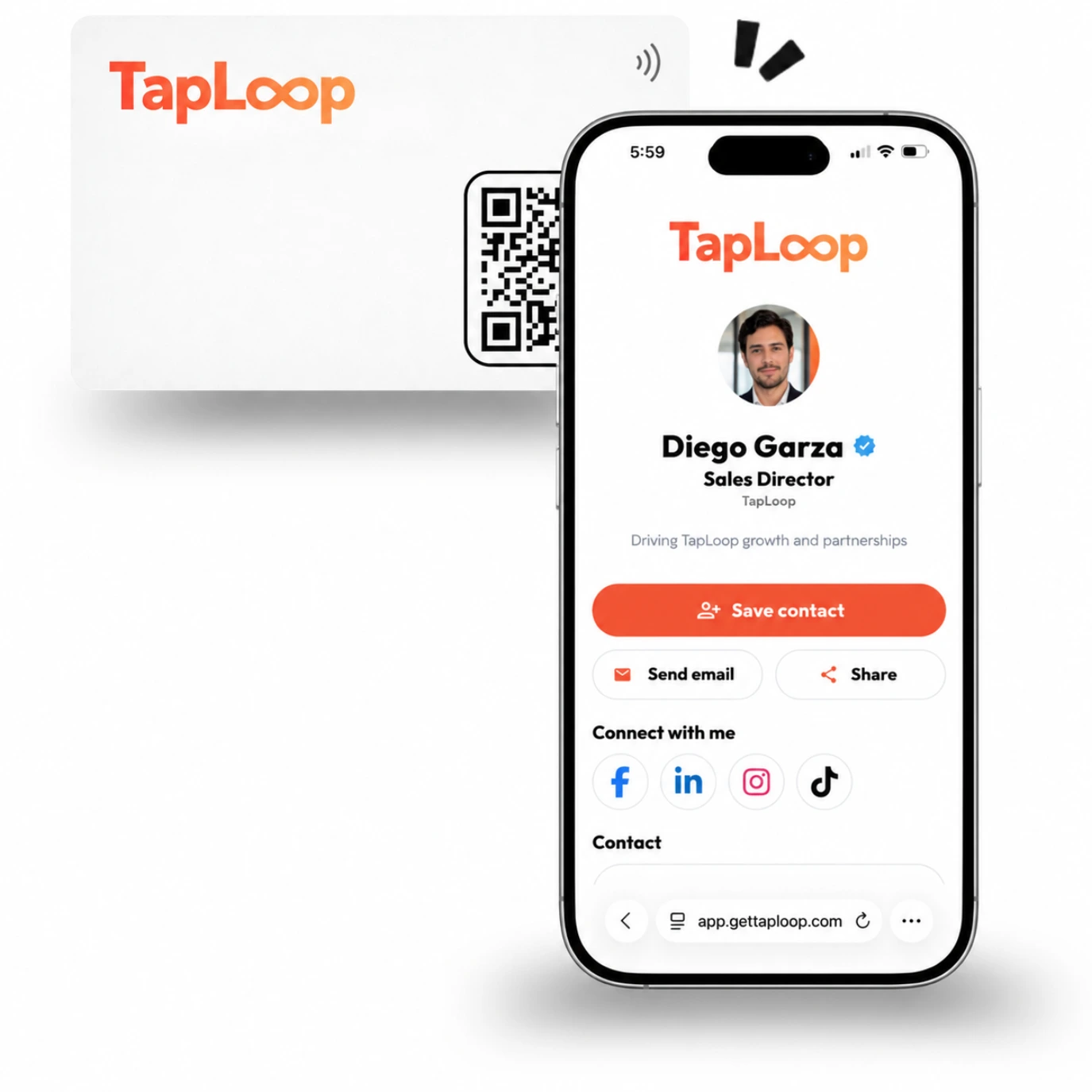 TapLoop digital profile shown on a phone next to an NFC card