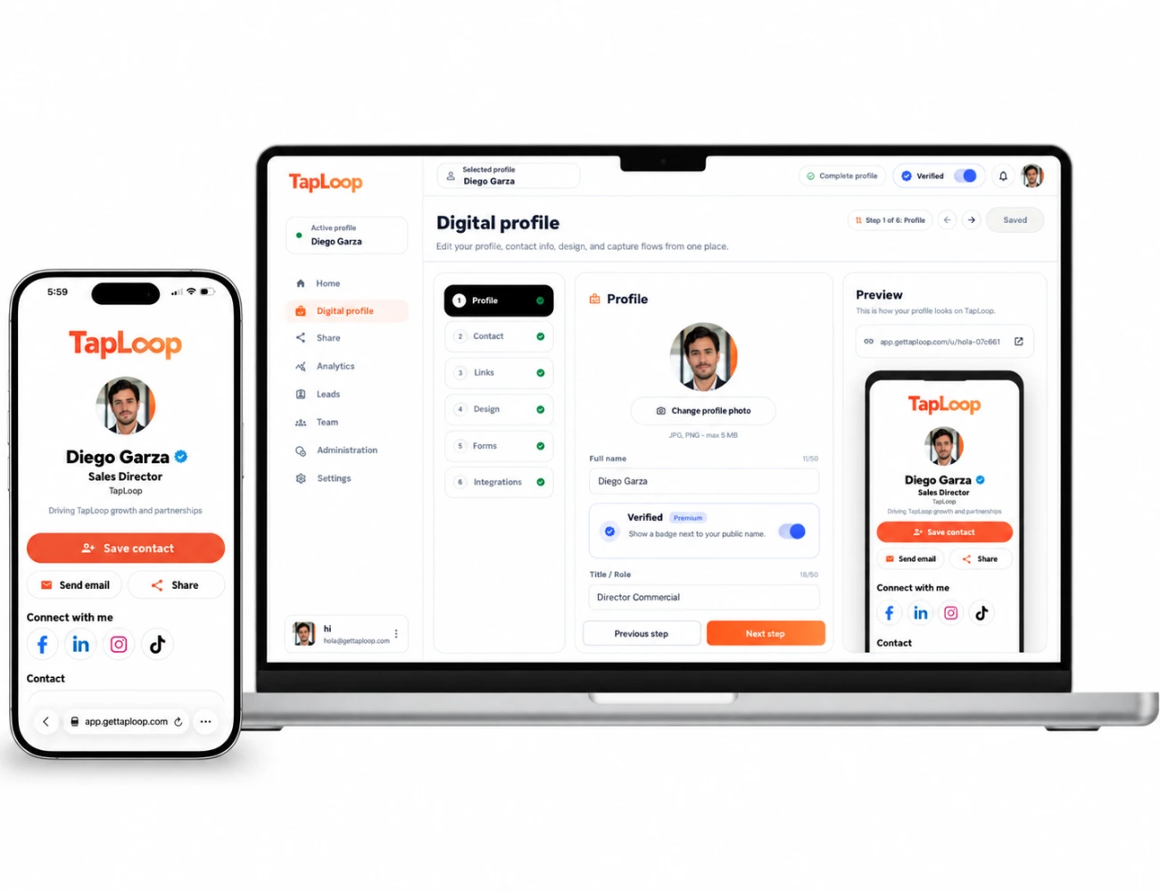 Editable TapLoop digital profile shown on a phone and platform view