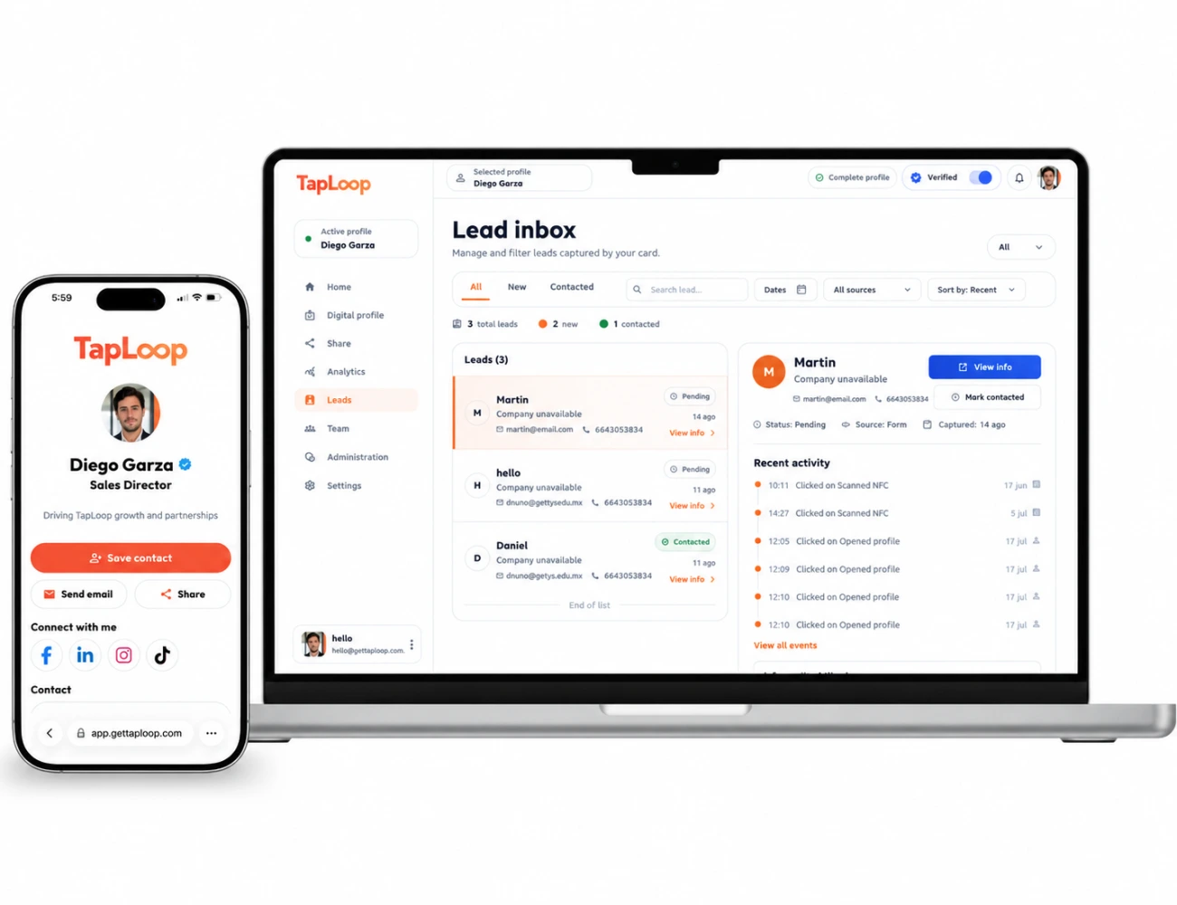 TapLoop leads dashboard for following up with contacts