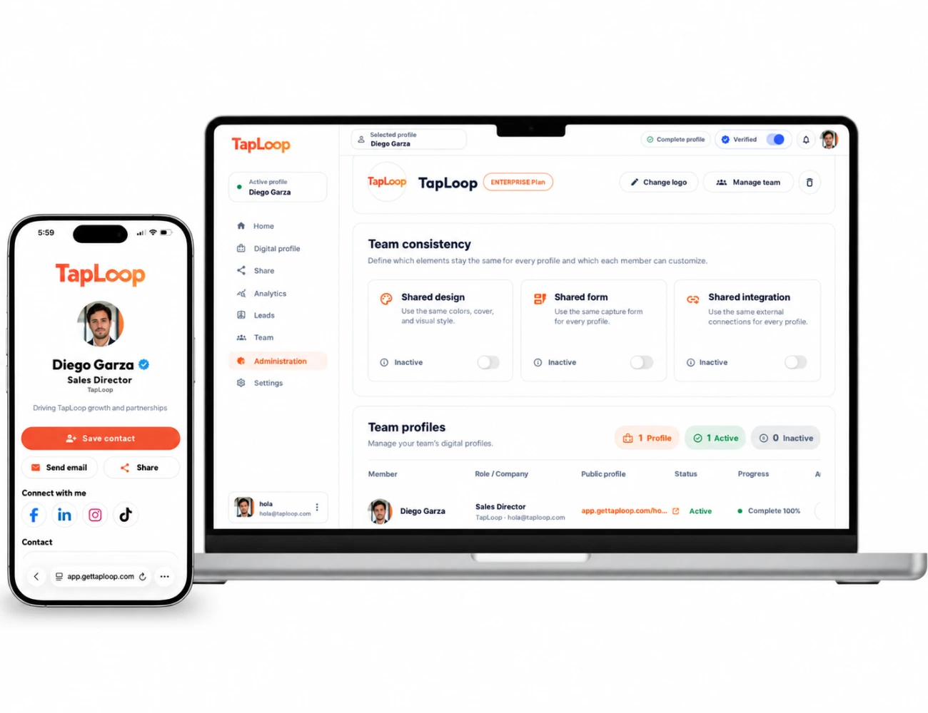 TapLoop dashboard for managing team profiles and cards