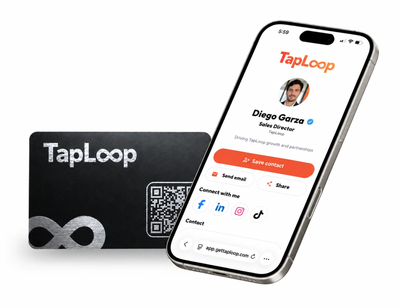 TapLoop metal NFC card with digital profile on a phone