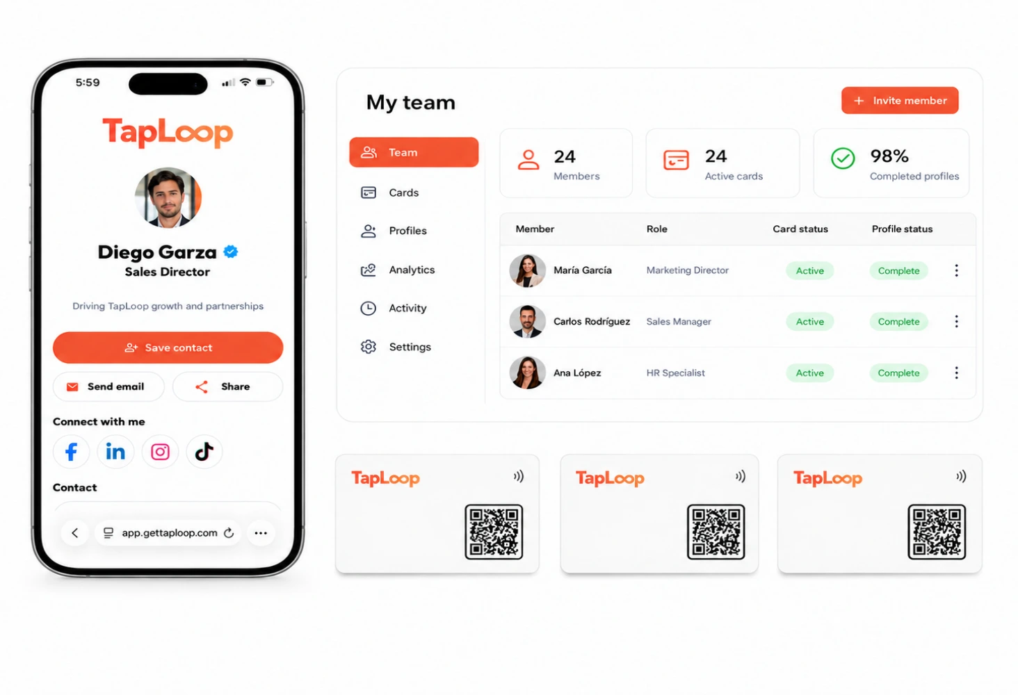 TapLoop dashboard for managing team profiles and cards