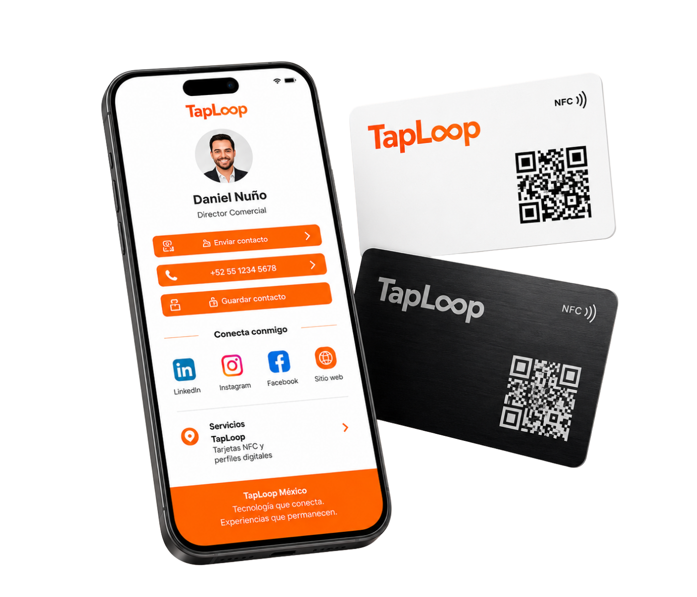 Phone with TapLoop digital profile and NFC cards