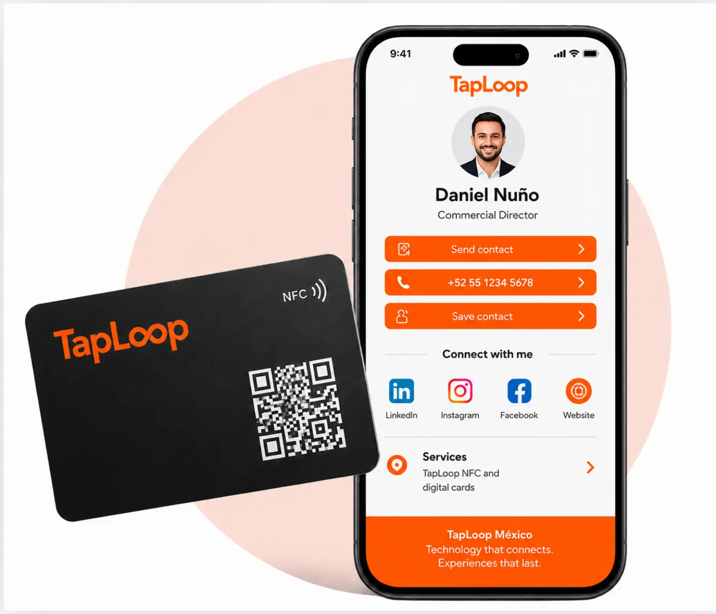 TapLoop NFC card with NFC chip, QR code, and digital profile on a phone