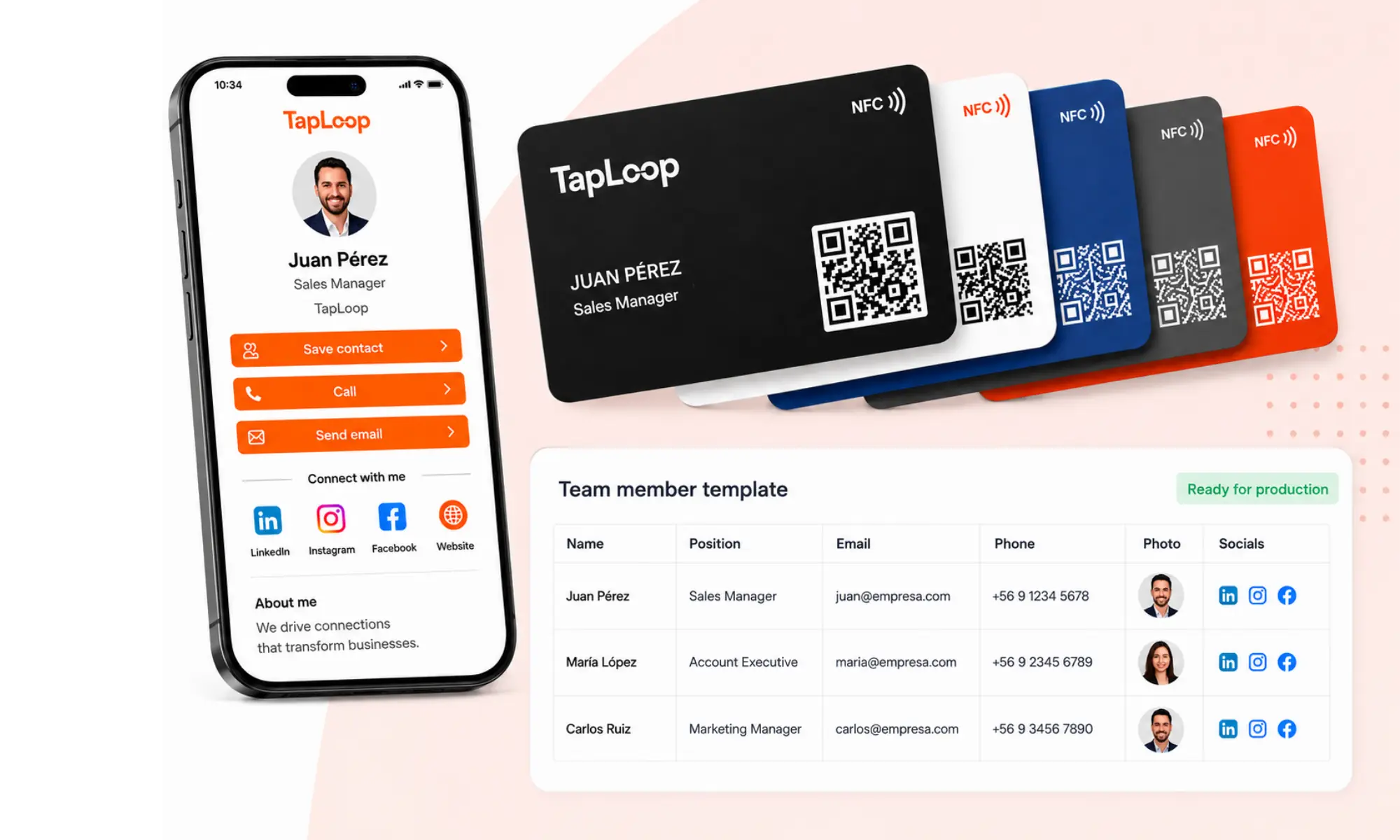 TapLoop team implementation with cards, digital profile, and employee data template