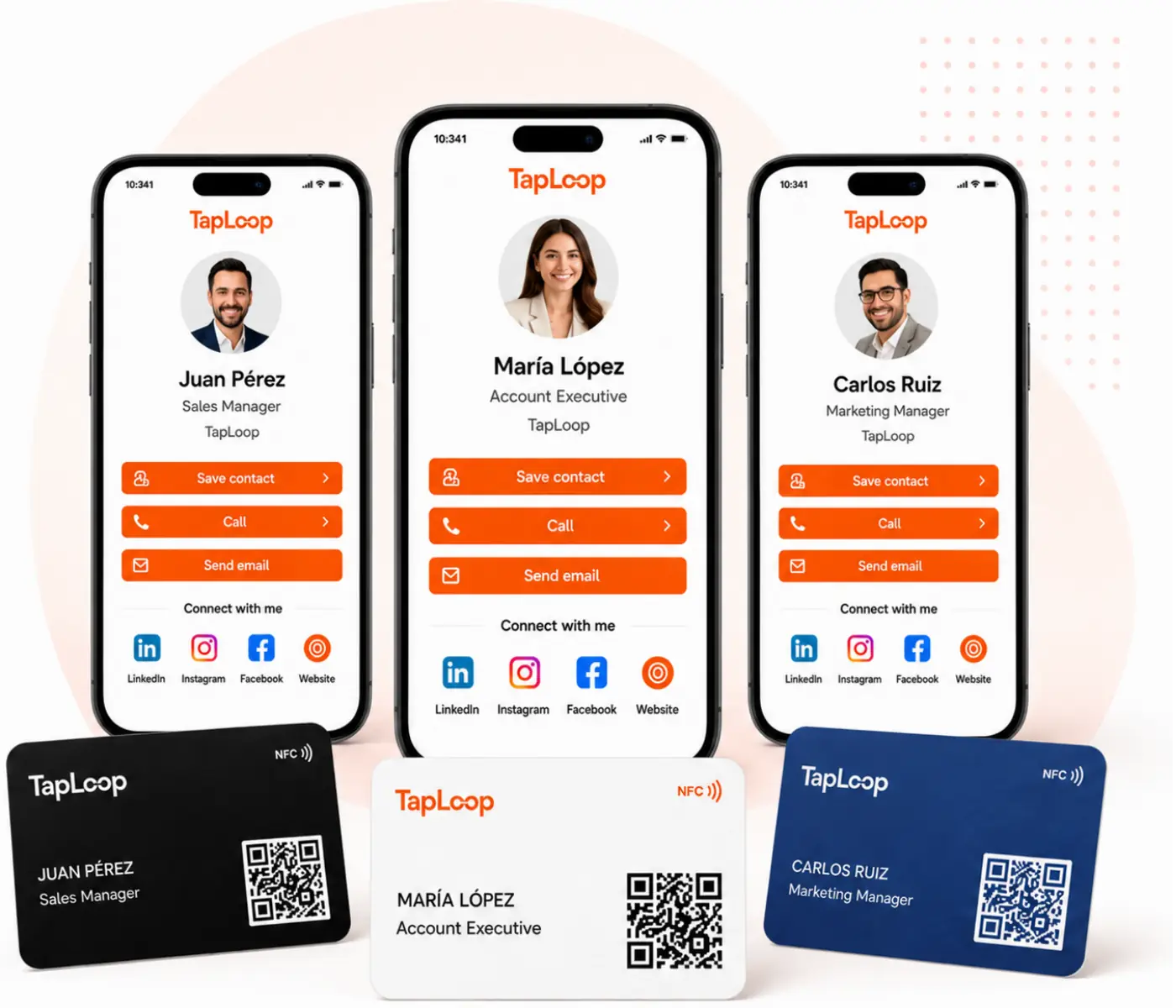 Individual TapLoop digital profiles and NFC cards for team members